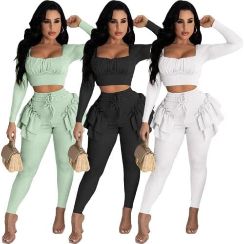 Solid Ruffles Tracksuit Women Black White Casual O Neck Long Sleeve Crop Top + Drawstring Pants Slim Two Piece Set Streetwear