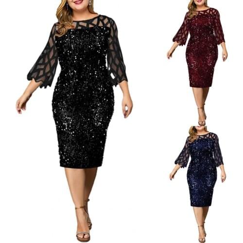 Ladies Slim Dress Sequins Temperament Mesh Stitching Small Split Dress for Banquet