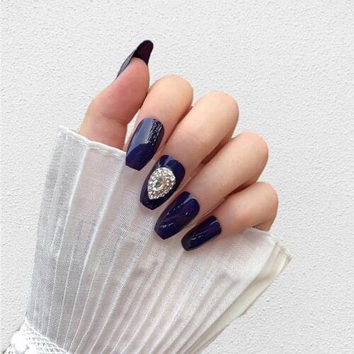 24pcs/set Blue Rhinestone Fashion Style Design False press on Nails coffin Patch Art Tool Manicure Finished Nail Tips for girls