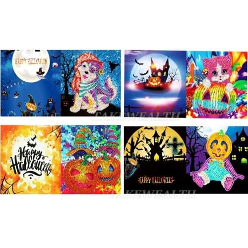 4pcs 5D DIY Diamond Painting Cartoon Paper Greeting Postcards Craft Kids Festival Greet Cards Mini animal Halloween