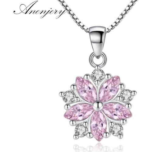 ANENJERY 925 Sterling Silver Pink Clear Crystal Zircon Cherry Blossom Flower Chain Necklace For Women Girl choker S-N223