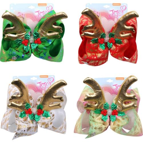 Ncmama 7'' Jojo Hair Bows for Girls Christmas Print Elk Hairgrips Rhinestones Hairclips Party Kids Hair Accessories Jojo Bows