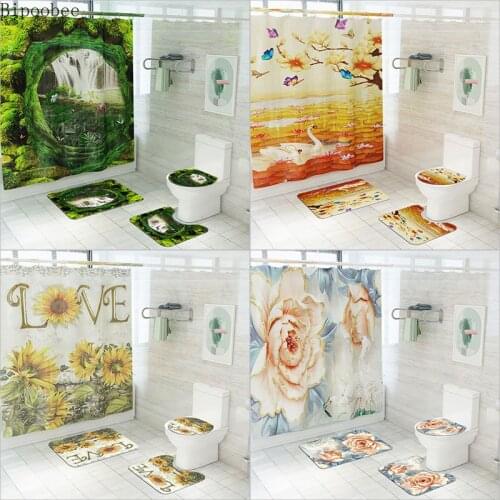 Bipoobee Green Landscape Fabric Shower Curtain Forest Sunflower Flowers Bathroom Curtains Non-Slip Rug Toilet Lid Cover Bath Mat