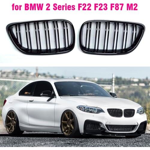 Shining Black Dual Slat Front Hood Kidney Grilles Grill Compatible for BMW F22 F23 M2 14-18 for BMW 225i 218i 220i