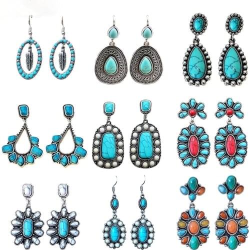 Bohemia Turquoises Earrings for Women 2020 wholesale Ethnic Stone Cluster Studs Earrings Vintage Geo Statement Post Earrings