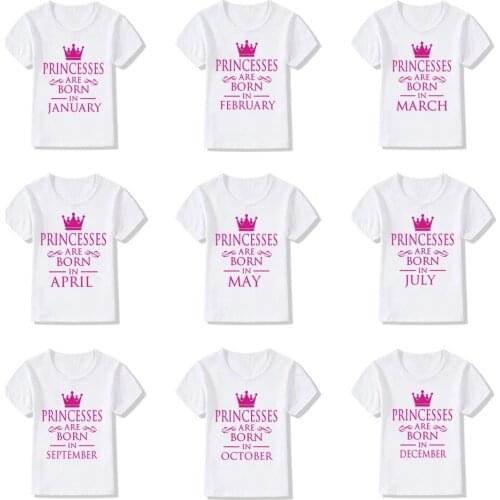 Baby Girls Birthday Princess Are Born In JAN-DEC Printed T Shirt Kids Funny Clothes Children Short Sleeve T-shirt Party Wear