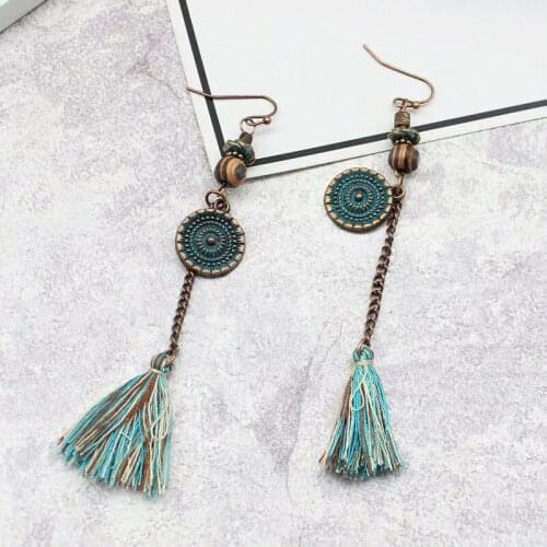 Long Iron Chain Bohemian Circle Retro Wooden Bead Inlaid Long Tassel Pendant Earrings Female Jewelry Ear Drop Accessories