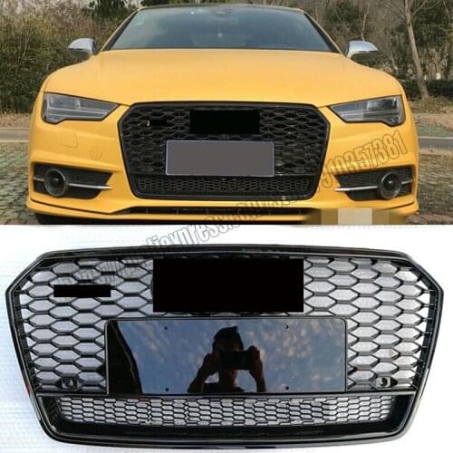 For rs7 style honeycomb mesh grill for audi a7 s7 2016 16 2017 17 2018 18 shiny Black ABS front bumper hood racing grid