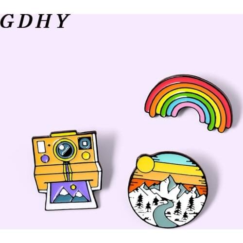 GDHY Rainbow Camera Landscape Enamel Pins camping travel Outdoors Cartoon Brooches Badges Fashion Pins Gifts for Kids Friends