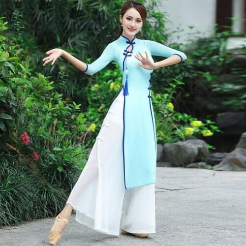 Chinese Style Elegant Dance Dress Women Adult Gauze Practice Clothes Classical Dance Cheongsam Oriental Dance Clothes DQL5046
