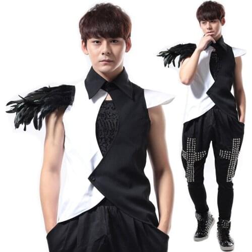 Club Male Singer Bar DJ Shirt Rock Punk DS Clothing Feather Vest DS Performance Costumes Male Ropa De Hombre 2020