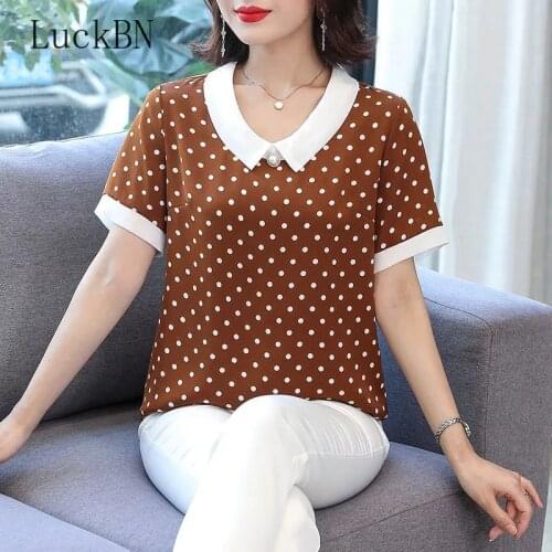 Summer Style Blouses Shirts Womens Clothing Elegant Peter Pan Collar Polka Dot Short Sleeve Blouse Casual Tops 2021 Blusas Mujer