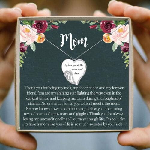 Fashion Crystal Wing Heart Pendant Necklace Words Carved Angel Wings Charm Birthday Party Christmas Gift To Mom