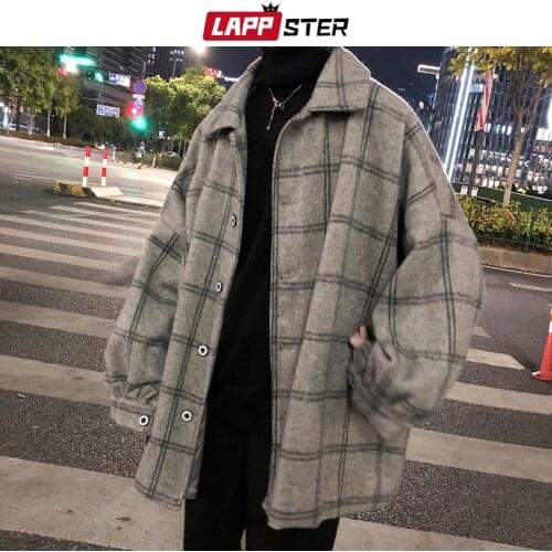 LAPPSTER Men Korean Style Plaid Overcoat 2021 Overcoat Wool Mens Streetwear Windbreaker Harajuku Fashions Oversize Jackets Coats