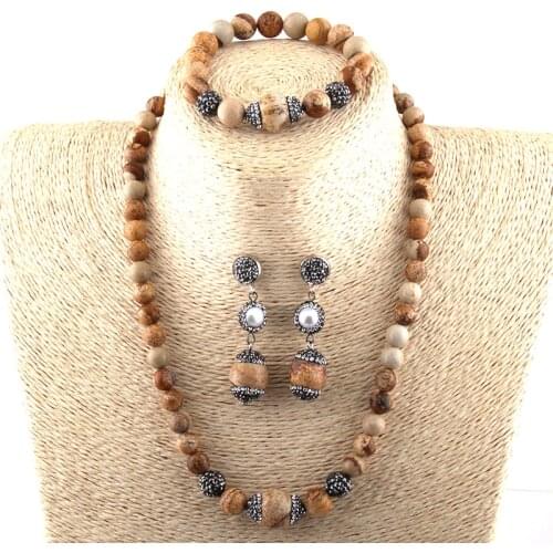 Free Shipping Fashion Bohemian Jewelry Set Natural Stones Strand Bracelets Handmake Paved Stone Necklace Bracelet Earring Sets
