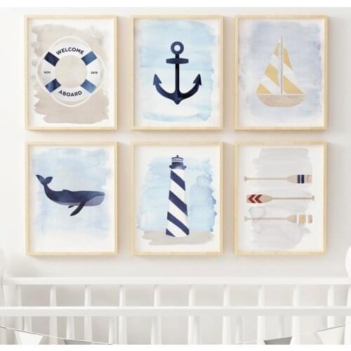 Nordic Cartoon Poster Whale Boat Lighthouse Wall Canvas Painting Art Picture Home Decoration Childrens Room Kindergarten Mural