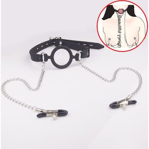 FULL SILICONE BDSM/Ring/ Mouth Gag Spreader ,Two Connector Chains SM Nipple Clamps ,Bondage Sex Toys For Couples