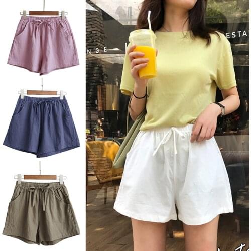Women Fashion Korea Style Cotton Linen Solid Color Elastic Waist Wide Leg Hot Summer Lady Casual Loose Shorts