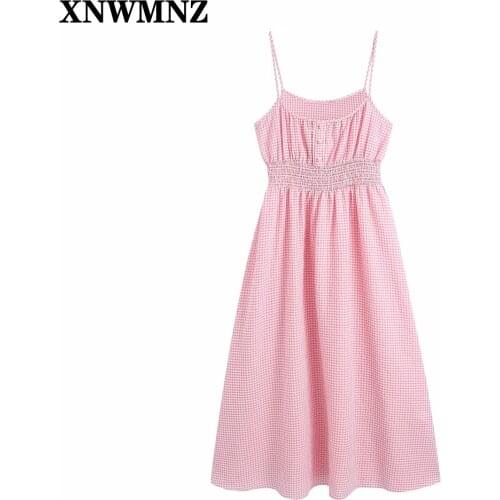 XNWMNZ 2021 New Women Cotton Plaid Spaghetti Strap Dress Summer Sleeveless Checked Elastic Waist Camisole Dresses Vestidos Mujer