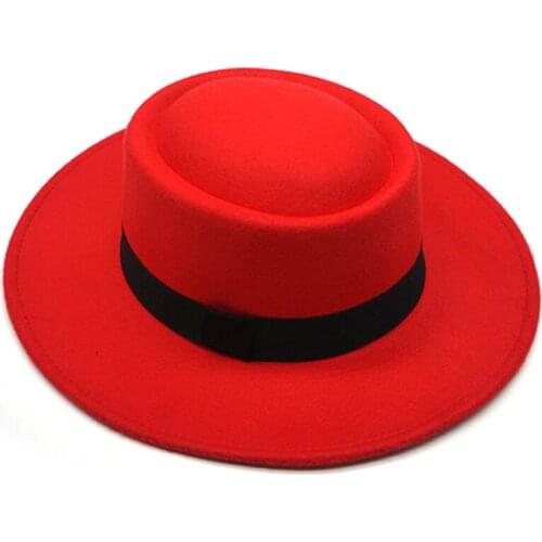 Big red fedora hat, mens flat top hat, ladies felt jazz oval hat top Panama autumn and winter new style fedora hat wholesale