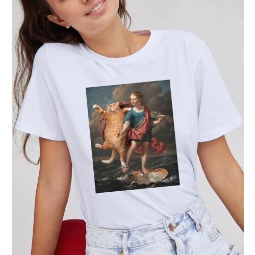 100% cotton womens fashion Khmer comfortable and breathable aesthetic art girl and cat printed pattern casual shirt