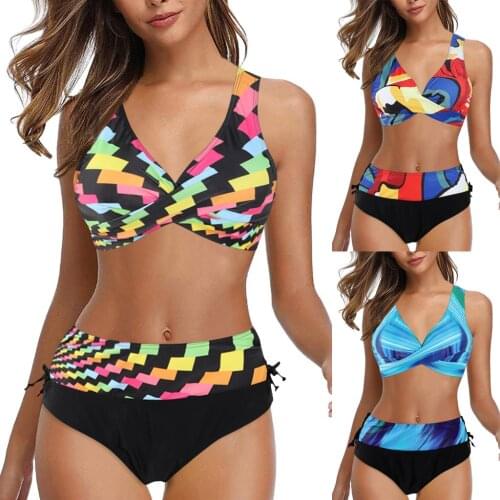 Plus Size High Waist Rainbow Stripes Multicolor Swimsuit Retro Vintage biquini Women Push up Print Bikini Set Swimwear Beachwear