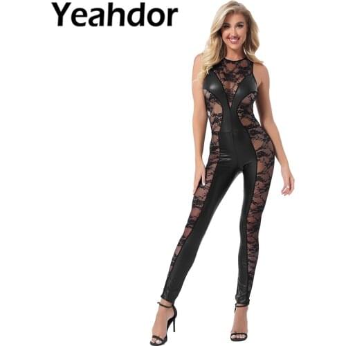Women Sexy Jumpsuit Lingerie Round Neck Sleeveless See-through Embroidered Lace Patchwork Patent Leather Bodysuit Underwear