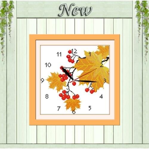 Golden years Maple leaves clock painting counted print on canvas DMC 14CT 11CT Chinese Cross Stitch Needlework Set Embroider kit