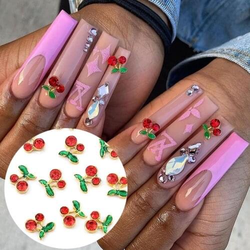 20pcs Cherry Nail Charms Jewelry Cherry Shape Alloy Shiny Rhinestones Crystal Press On Tips Decorations Red