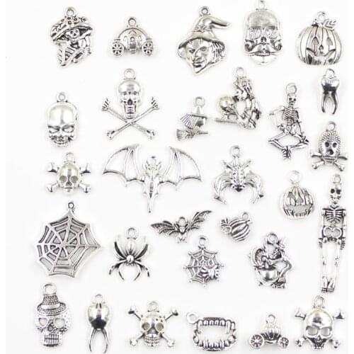 30pcs Charms Halloween Skull Pumpkin Witch Spider Teeth Bat Antique Silver Color Mixed Pendants DIY Findings Tibetan Jewelry
