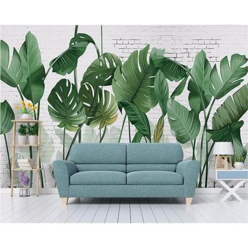 Beibehang Custom Nordic Hand-painted Brick Plant Banana Leaf papel de parede Living room TV Background 3d Wallpaper