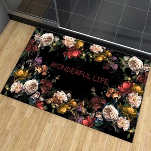 Floral Mat For Bathroom Black Kitchen Rugs Long Anti-slip Washable Flannel Bedroom Mat Hallway Rug Doormat Decor Area Rug Small
