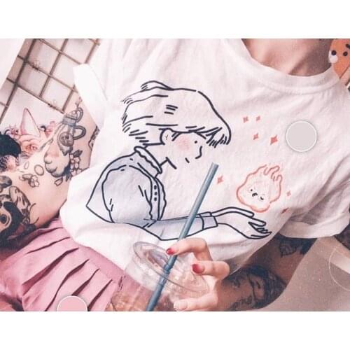 Sunfiz YF Sophie Kisses Calcife T-Shirt Women Tumblr Aesthetic Japanese Anime Kawaii Graphic Tee Howls Moving Castle Shirt