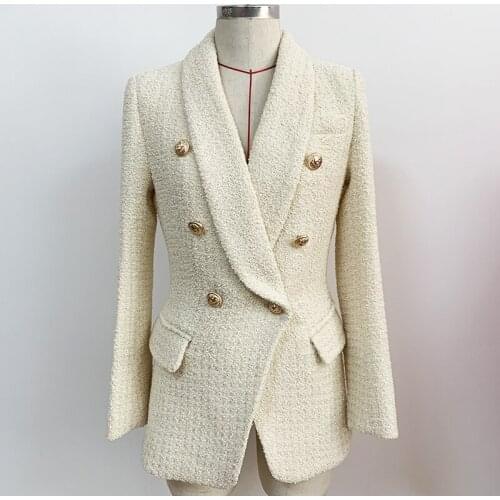 QUALITY Newest HIGH Fall Winter 2021 Designer Blazer Womens Double Breasted Lion Buttons Shawl Collar Thick Tweed Jacket