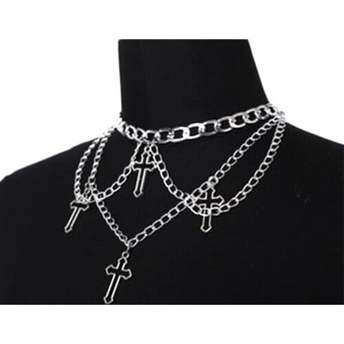 2021 Hip hop Geometric Silver Color Chain Hollow Cross Pendant Necklaces For Women Trendy Metal Chain Punk Necklaces collares