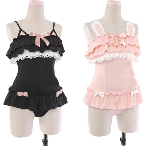 Lolita Japanese Sukumizu Ruffle One Piece Swimsuit Cute Sexy Anime Cosplay Women Kawaii Black Cat & Powder Rabbit Swimwear