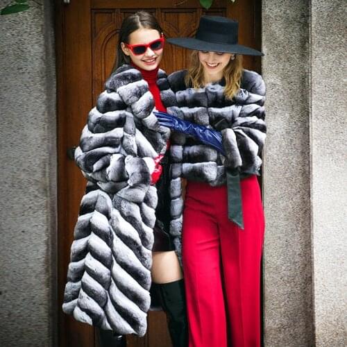 FURSARCAR 2020 New Style Winter Natrual Rex Rabbit Fur Coat For Women Chinchilla 100cm Long Jacket With Collar Real Fur Outwear