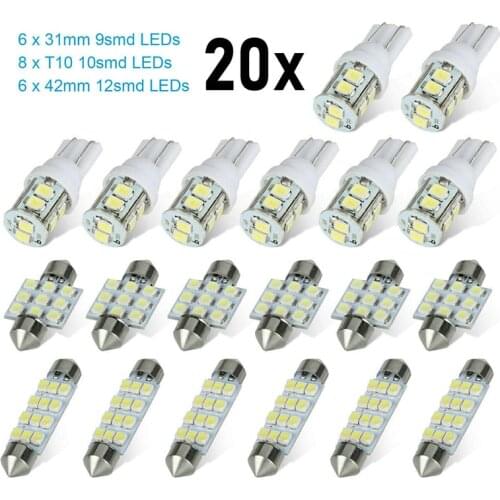 Mayitr 20pcs T10 31mm 42mm 6000K Combo LED Car Interior Inside Light Dome Map Door License Plate Blubs Lamp