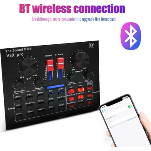 V8X PRO Multifunctional BT Live Sound Card Intelligent Audio Mixer Sound Card for Computers Mobilephone Live Sound Mixer Board