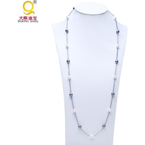 Fashion elegant round white and grey bead long shell necklace women gift summer style shell chain jewelry