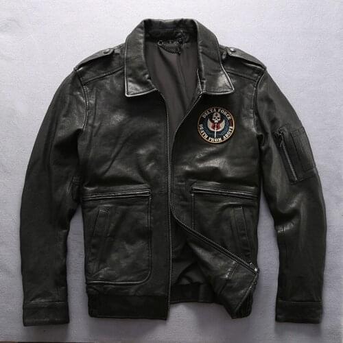 2020 New Mens Vintage Genuine Leather Single Breasted Black Jacket Real Thick Sheepskin Coat Shipping Large Size