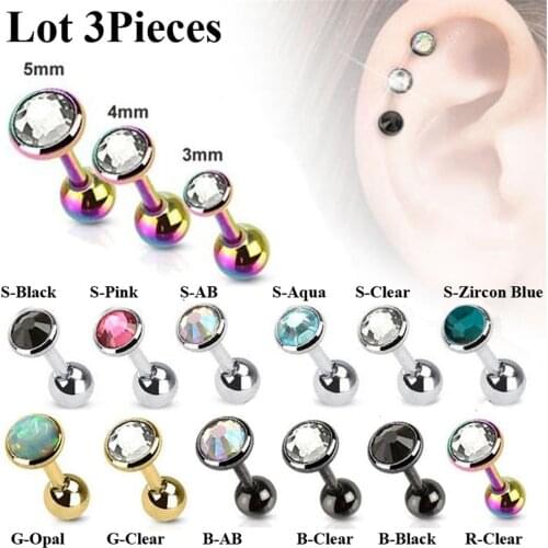 Lot of 3pcs 16G Ear Studs Surgical Steel CZ Gem Cartilage Earrings Tragus Helix Bar Earring Piercing Jewelry 3mm 4mm 5mm Top