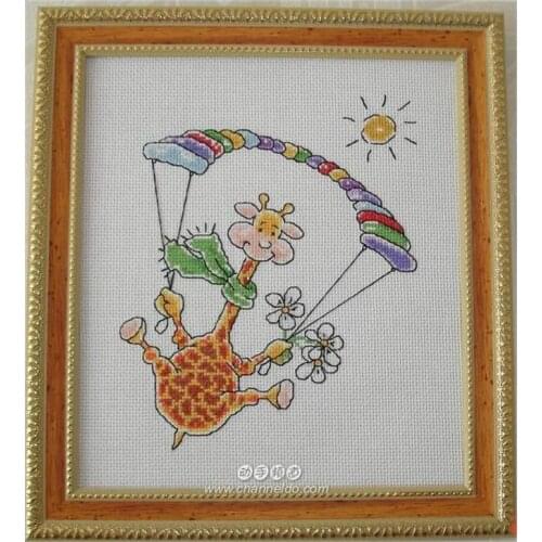 Cute Cartoon Cross Stitch 11ct Printed Cloth Kit Giraffe Skydiving Hanging Picture Handmade Chinese Embroidery Material Pack