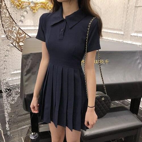 Harajuku Girl 2019 Summer Short Sleeve Sweet Pleated Dress High Waist Vintage Retro Chic Slim Dress Fashion Short Mini Dress