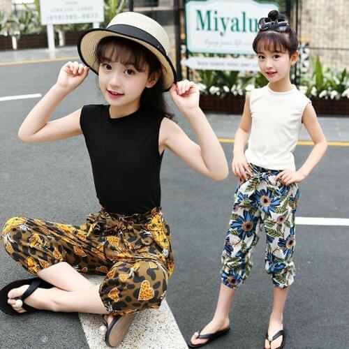 New Summer Girls Clothing Sets Sleeveless Chiffon Vest Tops + Print Pants for Adolescents 6-10T Big Girls Clothes Suit