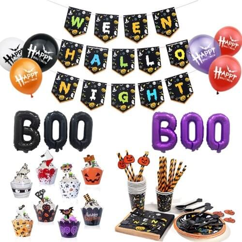 New Halloween Party Banner Decoration Halloween Bat Pumpkin Theme Inflatable Balloon Disposable Halloween Theme Tableware