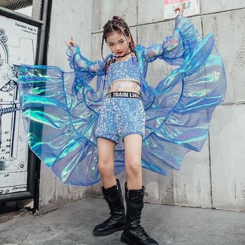 Girls Hip Hop Clothing Blue Sequins Creativity Catwalk Performance Costumes kids Jazz Stage Wear Dancing Outfits Rave Clothes