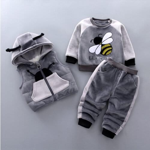 Baby boys clothes winter warm clothes gold velvet bee cartoon print plus velvet thick sweater baby girl hooded vest 3 piece set