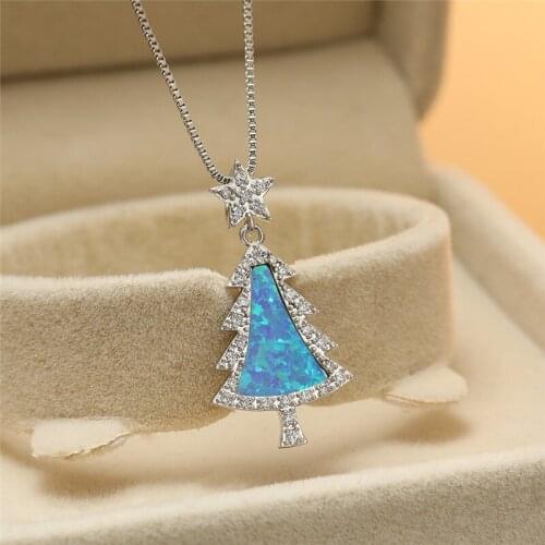 White Blue Opal Stone Necklace Cute Star Christmas Tree Pendant Necklace Fashion Silver Color Chain Necklaces For Women Jewelry
