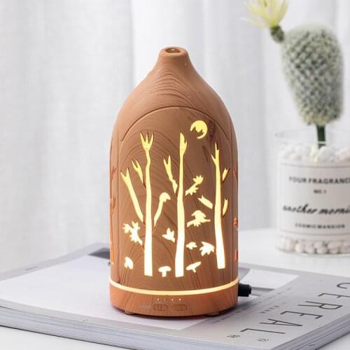 Wood Grain Hollow Out Carved Aromatherapy Essential Oil Diffuser USB Ultrasonic Air Humidifier with LED Lamp for Home Office Car